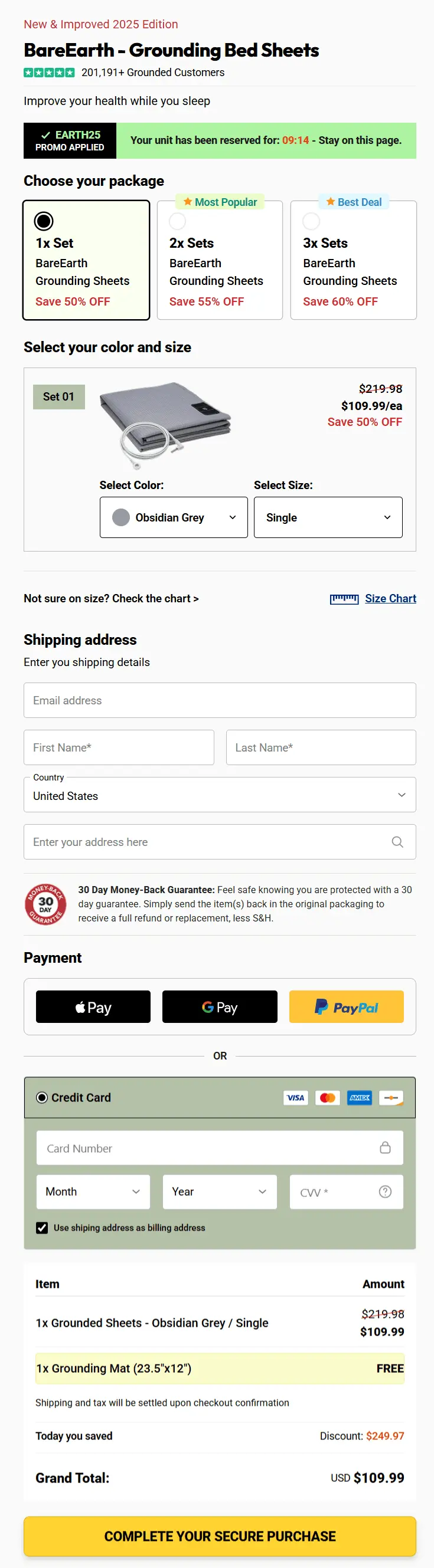 BareEarth Grounding Bed Sheets secure checkout page